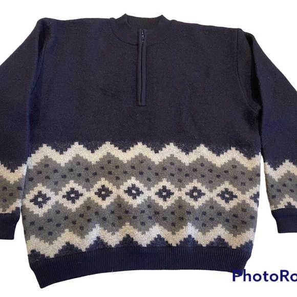Vintage LL Bean Men 1/4 Zip 100% Pure Wool Sweater Size XL Extra Large Blue Gray
